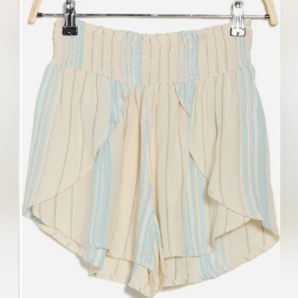Elan Smocked High Waist Cream and Blue Striped Faux Wrap Coverup Shorts - Picture 1 of 11
